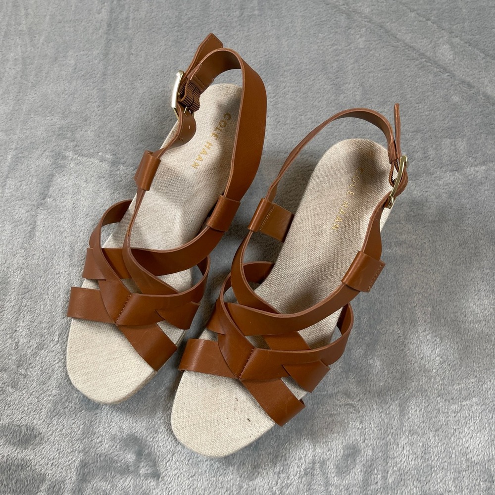 Cole Haan Grand 360 Size 6 Brown Leather Espadrille Wedge Slingback Buckle